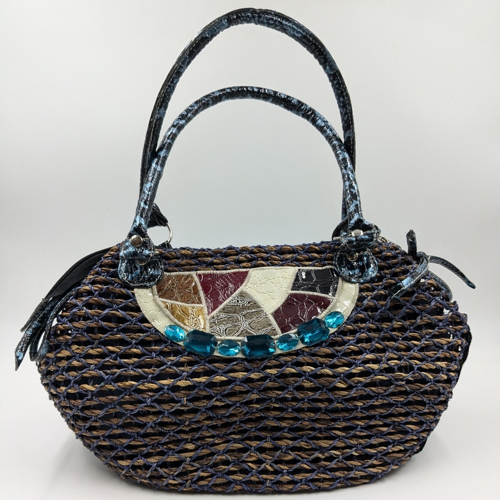 Woman Blue Rope Woven Purse